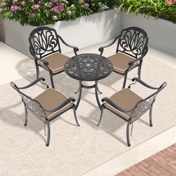 5-Piece Cast Aluminum Patio Furniture Set | Ideal for Outdoor Dining and Relaxation | High-Temp Polyester Coated Aluminum | Comfortable Seating with Stackable Chairs