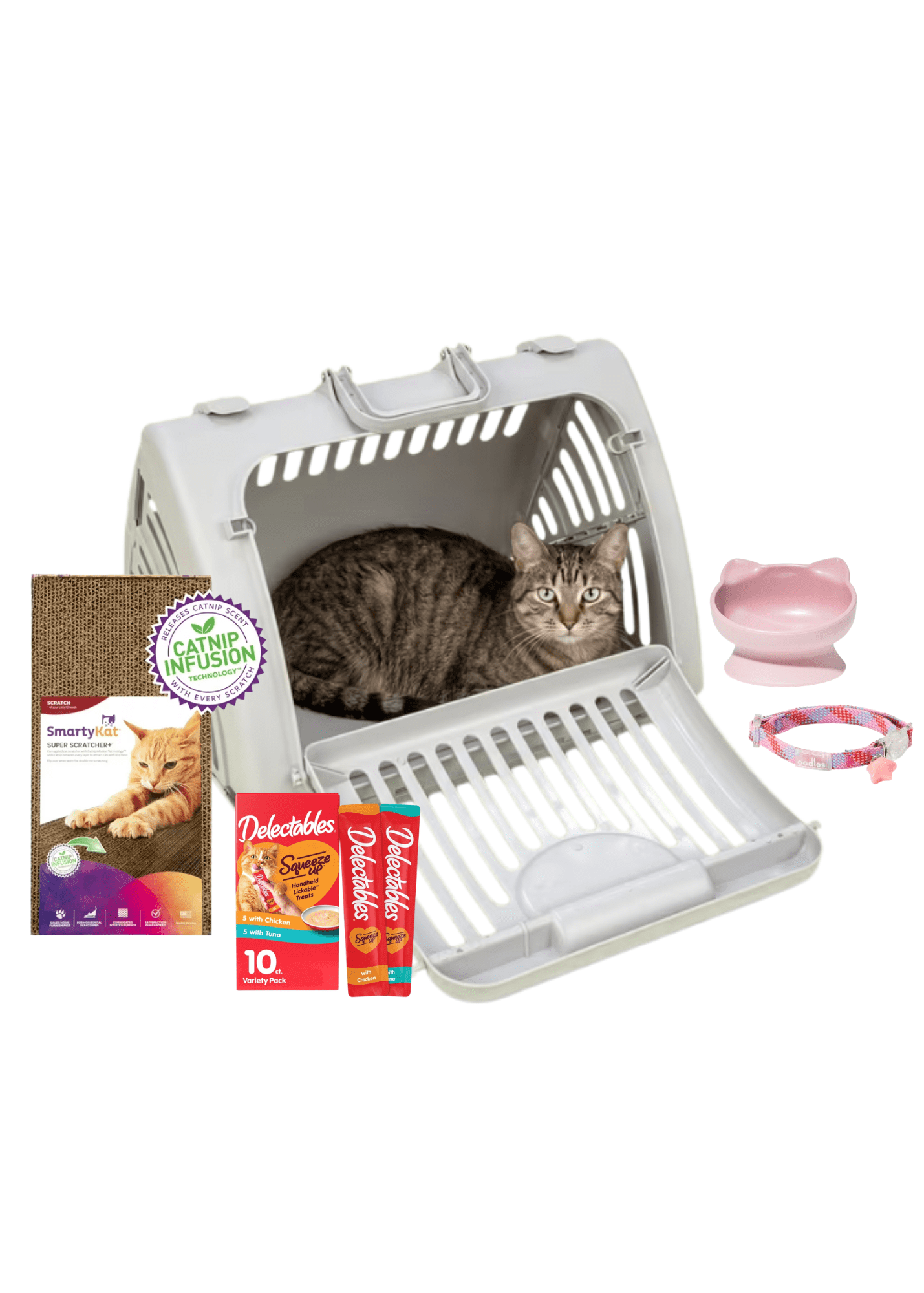 5-Piece Cat Starter Kit with Cat Carrier, Bowl, Collar, SmartyKat Scratch Pad & Delectables Wet Cat Treats