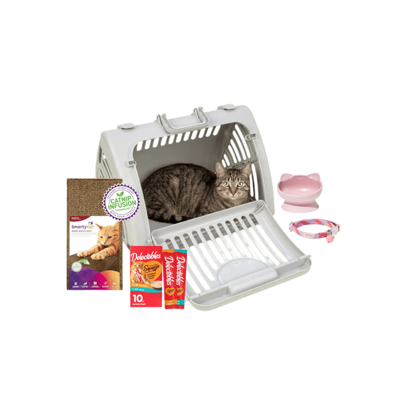 5-Piece Cat Starter Kit with Cat Carrier, Bowl, Collar, SmartyKat Scratch Pad & Delectables Wet Cat Treats