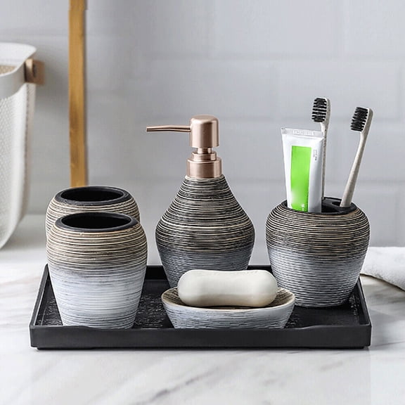 5-Piece Ceramic Bathroom Accessories Set with Lotion Dispenser & Tray