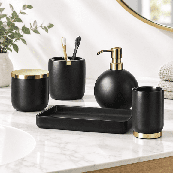5-Piece Ceramic Bathroom Accessory Set with Lotion Dispenser, Jar, Vanity Tray, Tumbler, and Toothbrush Holder