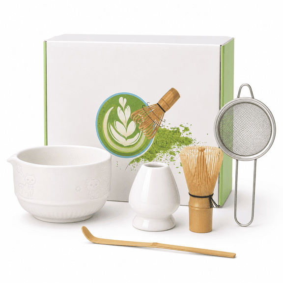 5-Piece Ceramic Matcha Bowl and Whisk Kit with Traditional Chawan, Scoop, and Sifter for Matcha Ceremony, White