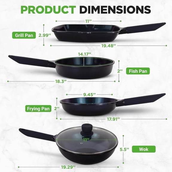 5-Piece Ceramic Non-Stick Frying Pan Set with Wok Grill & Fish Pans for All Cooktops