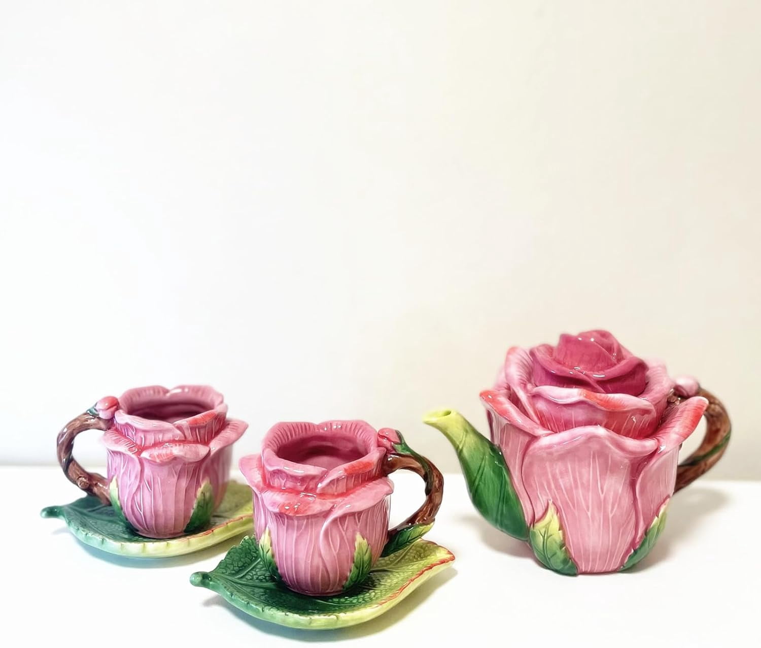 5-Piece Ceramic Rose Tea Set – Red 3D Hand-Painted Rose Cups, Green ...
