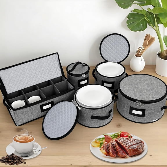 5-Piece China Storage Set with Hard Shell for Plates and Mugs - Grey Moving Box for Kitchen Organization
