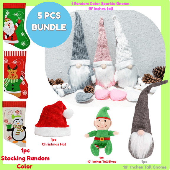 5-Piece Christmas Stockings with Gnomes and Elf Design