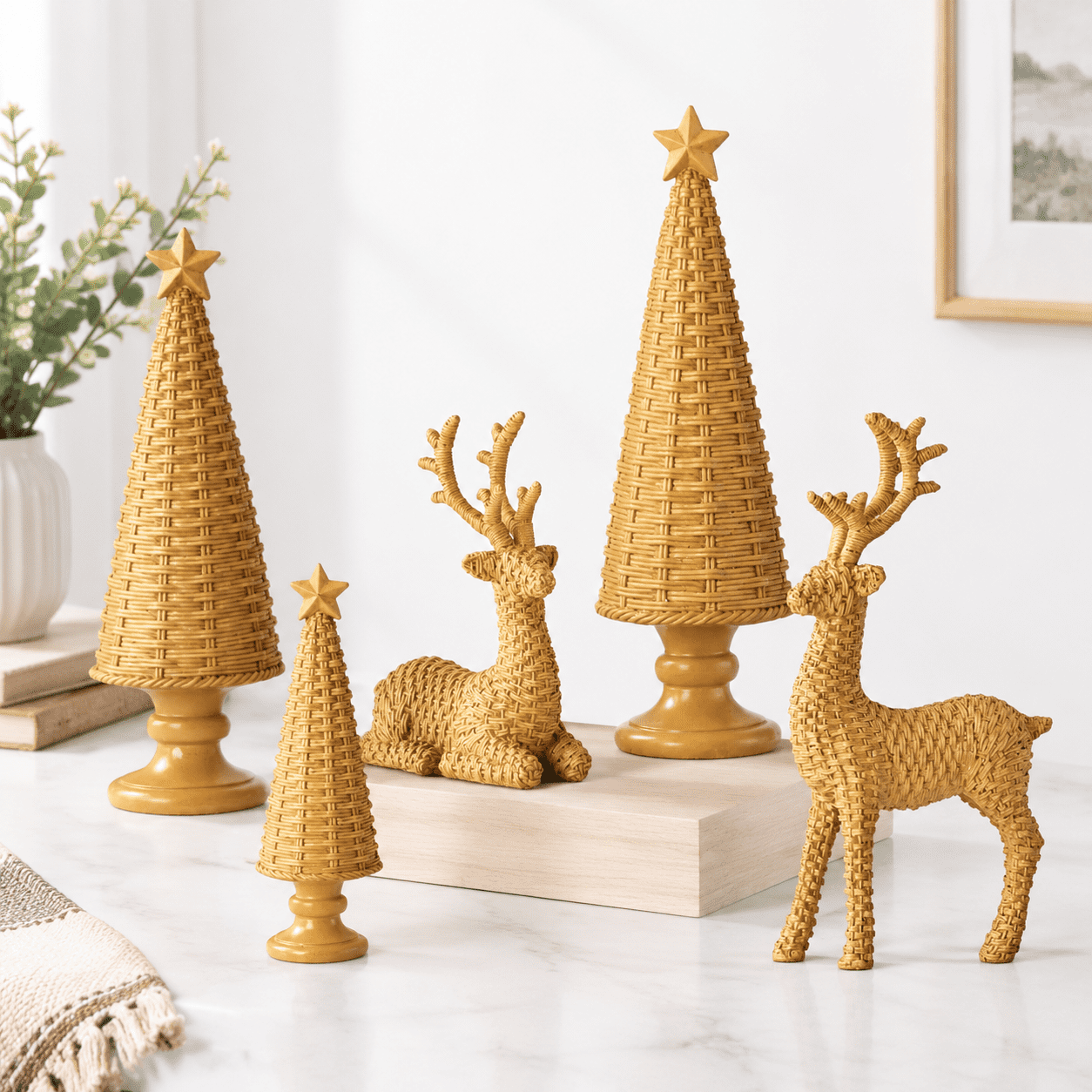 Ratten's Texture 5 Piece Christmas Reindeer and Tree Figurine Set with Rattan Texture ...