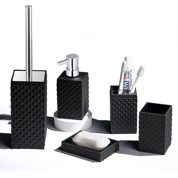 5-Piece Circular Corrugation Bathroom Plastic Toiletry Set with Toilet Brush, Lotion Bottle, Toothbrush Holder, Mouthwash Cup and Soap Dish