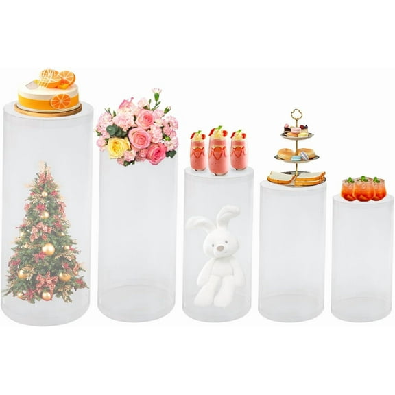 5-Piece Clear Pedestal Stands Set Acrylic Cylinder Display Pillars, 77lb Stackable Plinths for Certificates,Flowers,Centerpieces, Wedding,Party,Event Decor