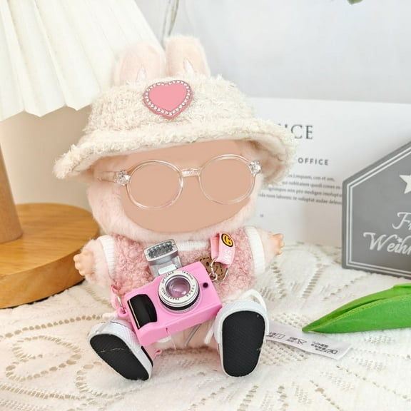 5-Piece Clothes-Clothes for Doll Outfit,Chic Style Set for 17cm Dolls - Clothes + Light Pink Heart-Shaped Velvet hat + Small Camera + Glasses + Canvas Shoes,No Doll