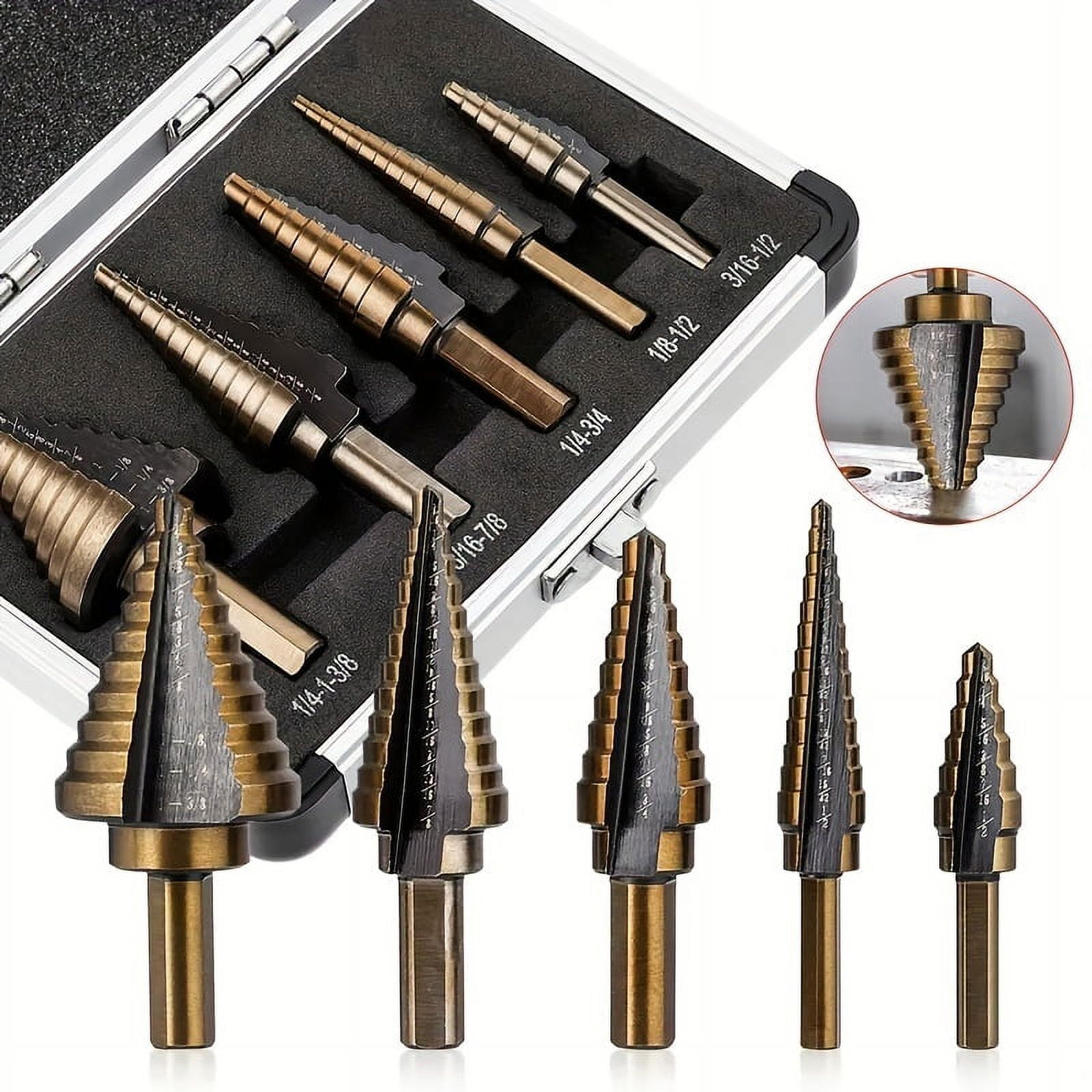 5Piece Cobalt Step Drill Bit Set 50 Sizes, Titanium Conical Cone