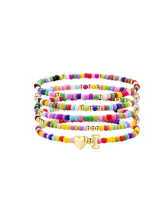 5-Piece Colorful Beaded Initial Bracelet Set for Girls, Cute Stretch Heart Letter Jewelry