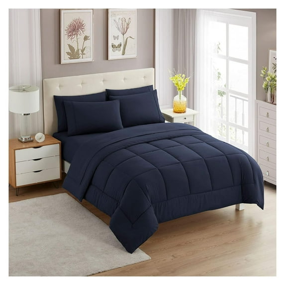 5 Piece Comforter Set Bag Solid Color All Season Soft Down Alternative Blanket & Luxurious Microfiber Bed Sheets, Navy,