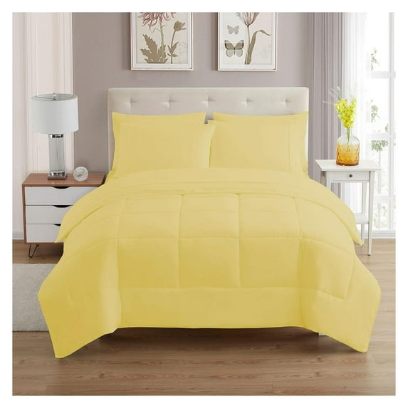 5 Piece Comforter Set Bag Solid Color All Season Soft Down Alternative Blanket & Luxurious Microfiber Bed Sheets, Yellow, Twin