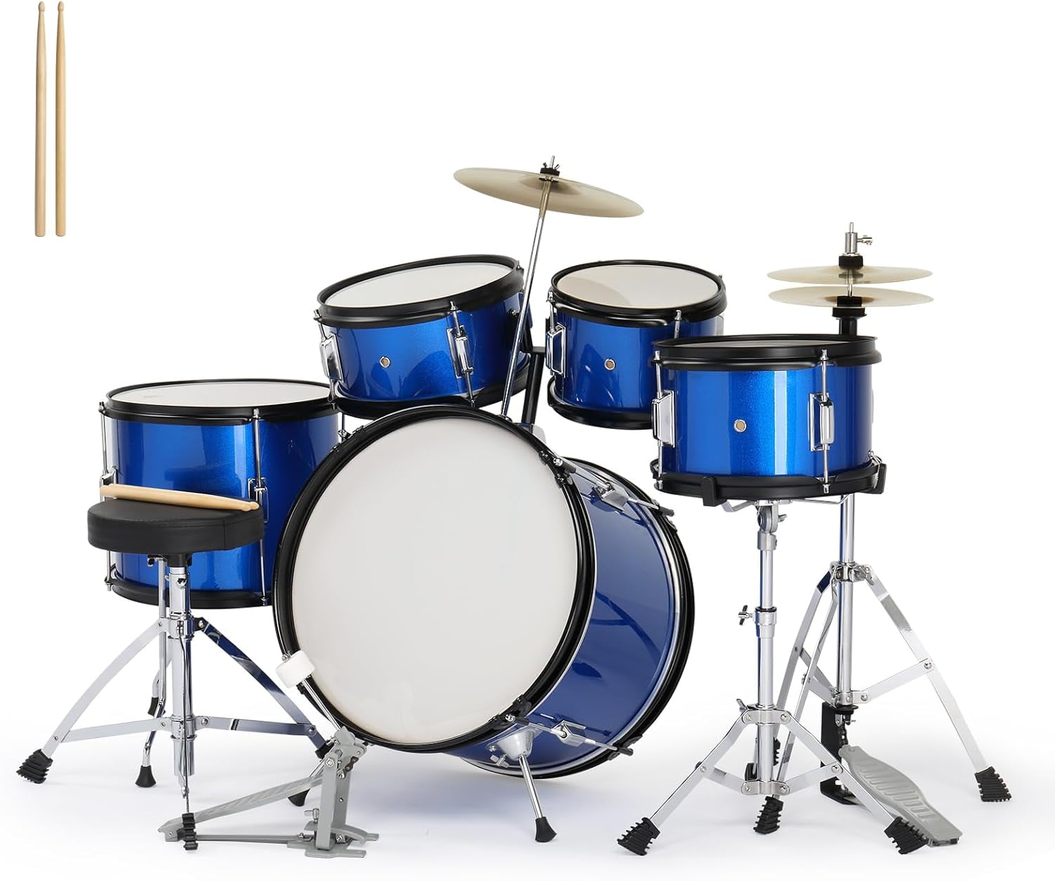 5-Piece Complete Junior Drums Set, 14 Inch Beginners Drum Kit with Throne Stool, Pedal & Drumsticks, Drums Musical Instruments W/Cymbal, Hi-Hat, Floor, Tom and Snare Drum 16"x11" Dark Blue