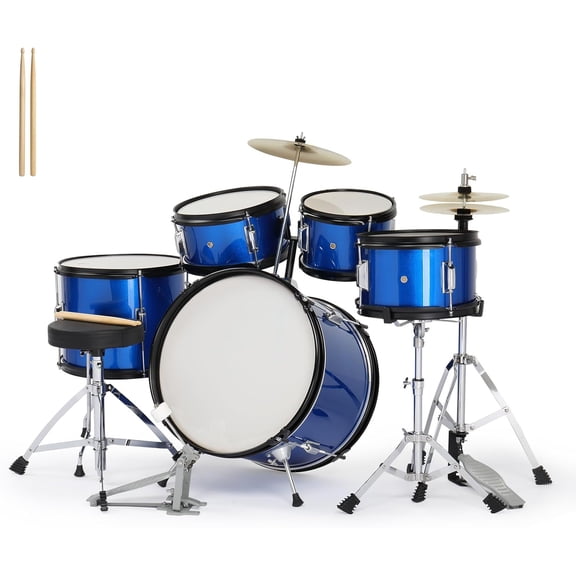 5-Piece Complete Junior Drums Set, 14 Inch Beginners Drum Kit with Throne Stool, Pedal & Drumsticks, Drums Musical Instruments W/Cymbal, Hi-Hat, Floor, Tom and Snare Drum 16"x11" Dark Blue