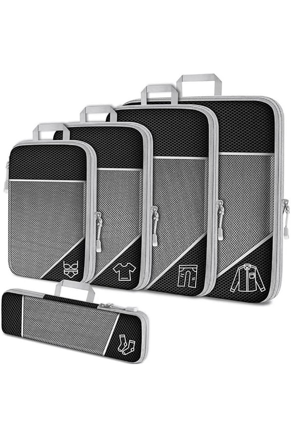 5-Piece Compression Packing Cubes Set - Nylon Mesh Luggage Organizer Bags for Travel Suitcase, Space-Saving Clothes Storage with Labeled Compartments (Black)
