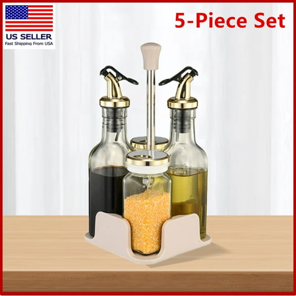 5 Piece Condiment Set, Oil Bottle, Leak-proof Oil Lid, Seasoning Bottle, Vinegar Cruets, Salt and Pepper Shakers, Spice Jar, for Kitchen, Cooking Wine, Sauces, Beans, Herbs, BBQ, Picnic