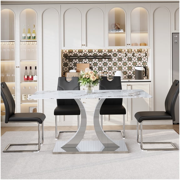 5-Piece Convertible Leg Dining Set: White Tempered Glass Table & 4 Armchairs, Modern U-Shape Back