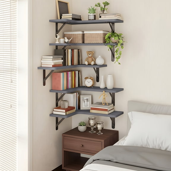 5 Piece Corner Floating Shelves - Rustic Wood Wall Mount Shelves, Space Saving Corner Display Ledge for Bathroom Kitchen Bedroom Living Room, Multiple Finishes