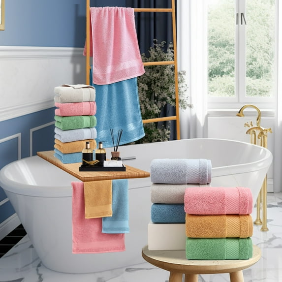 5-Piece Cotton Bath Towel Set, Soft Absorbent Blue Bathroom Towels, 29.1x12.9 in, Thick Household Washcloths for Spa and Dorm Use