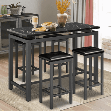 5-Piece Counter Height Bar Table Set, Modern Dining Table Set, Long Pub Table and 4 Stools, 4-Person Dining Table and Stools Set, Kitchen Side Table Set for Breakfast, Brown, D6412