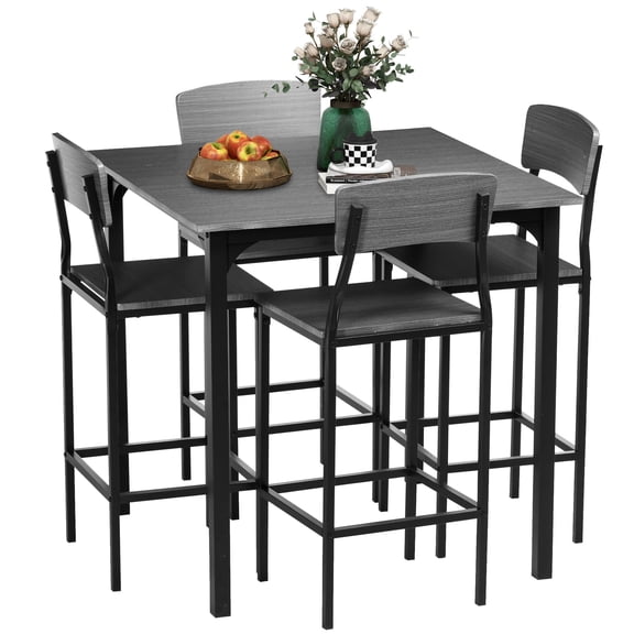 5-Piece Counter Height Bar Table and Stool Set, Gray Industrial Kitchen Dining Set with MDF Wood Grain Top and Steel Legs, Space-Saving Square Table for Small Kitchen Nooks