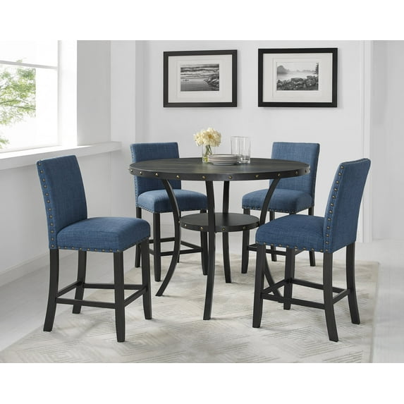 5-Piece Counter Height Dining Set, Round Wooden Table with Metal Legs and 4 Upholstered Nailhead High-Back Chairs with Footrest for Kitchen, Dark Blue