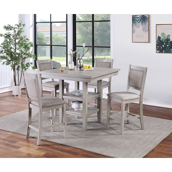 5-Piece Counter Height Dining Set, Square Table with Storage Shelf, 4 Upholstered Chairs, Rustic Gray Wood Finish, Space-Saving Design for Kitchen or Dining Nook