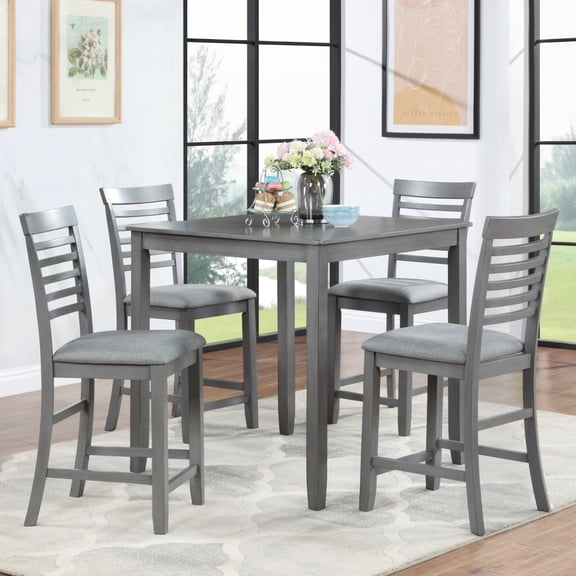 5-Piece Counter Height Dining Set - Walnut Wooden Square Table with 4 Upholstered Chairs, Waterproof Top for Small Spaces