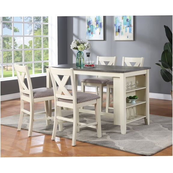 5-Piece Counter Height Dining Set with Storage Shelves, Solid Acacia Wood Table and 4 Upholstered Chairs, Off-White Modern Kitchen Breakfast Nook