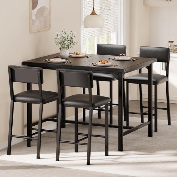 5-Piece Counter Height Dining Table Set for 4, 35.5 Inch High Top Table with 4 Upholstered Bar Chairs, Metal Corner Guards and H-Frame, Space-Saving Kitchen Dining Set,Black