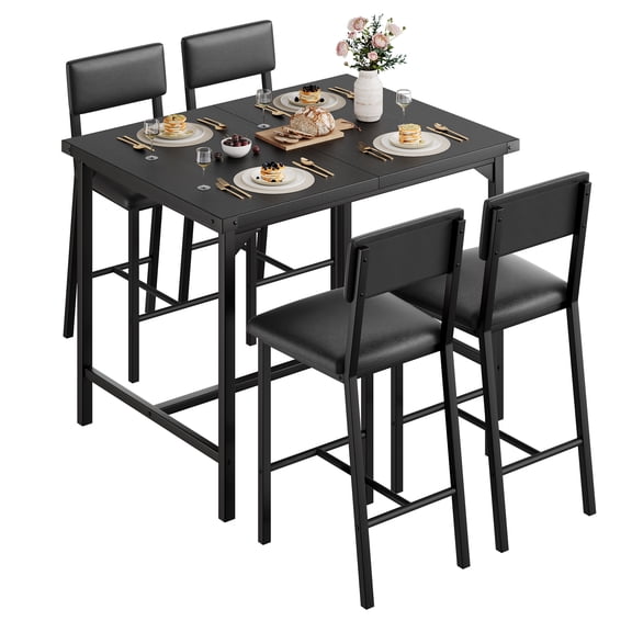 5-Piece Counter Height Dining Table Set for 4, Modern Space Saving Dining Furniture with Footrest & Corner Protectors, 4 Upholstered Backrest Bar Stools for Kitchen Dining Room - Black