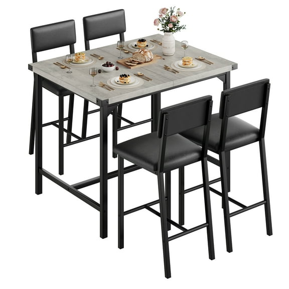 5-Piece Counter Height Dining Table Set for 4, Modern Space Saving Dining Furniture with Footrest & Corner Protectors, 4 Upholstered Backrest Bar Stools for Kitchen Dining Room - Grey