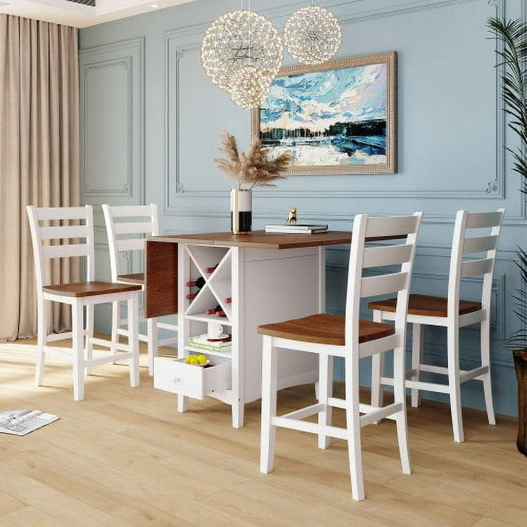 5 Piece Counter Height Dining Table Set Farmhouse Wooden Drop Leaf Table Set with Wine Rack Drawers Storage Shelves Kitchen Set for Small
