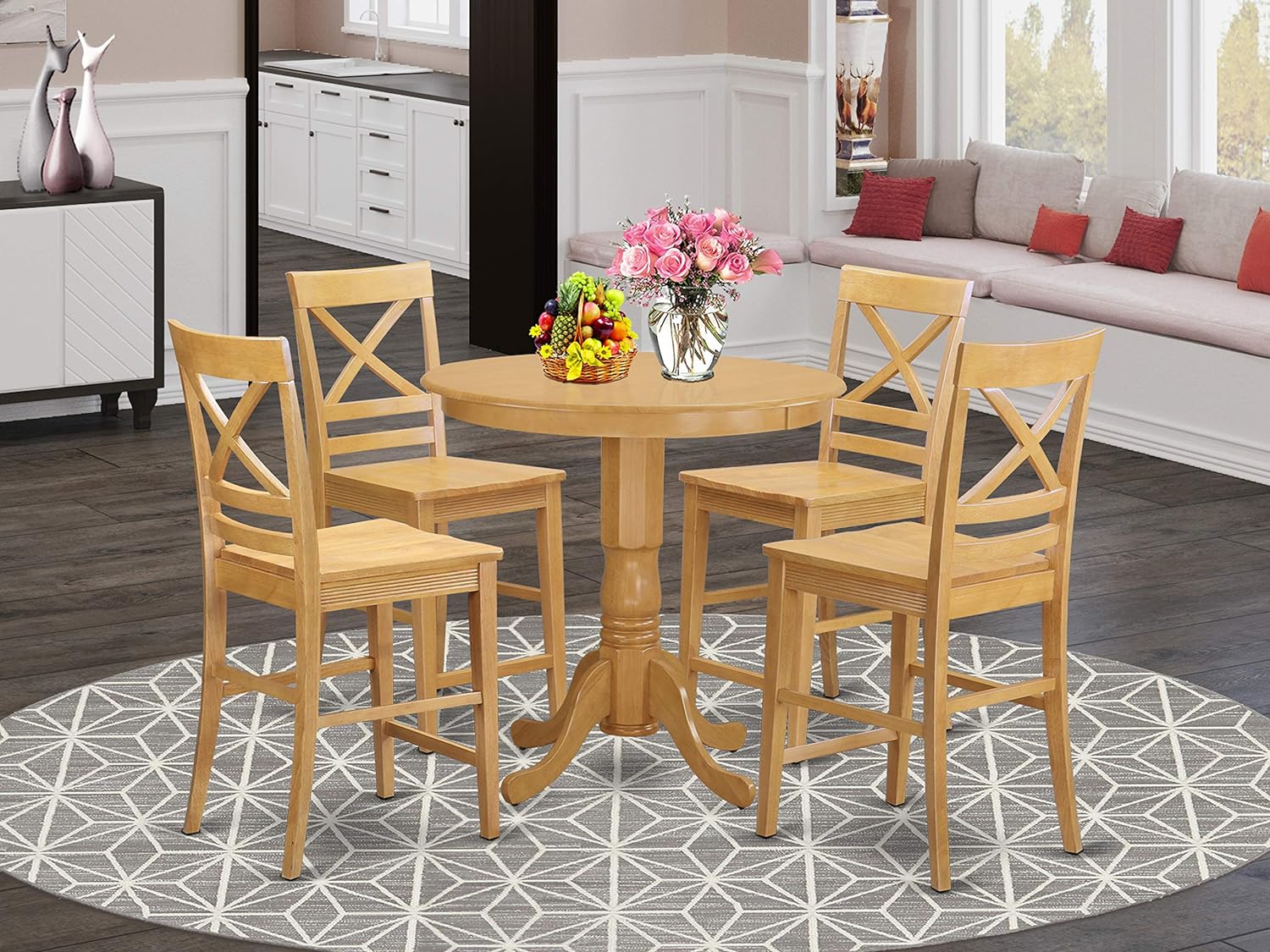 5 Piece Counter Height Dining Table Set Includes A Round Wooden Table
