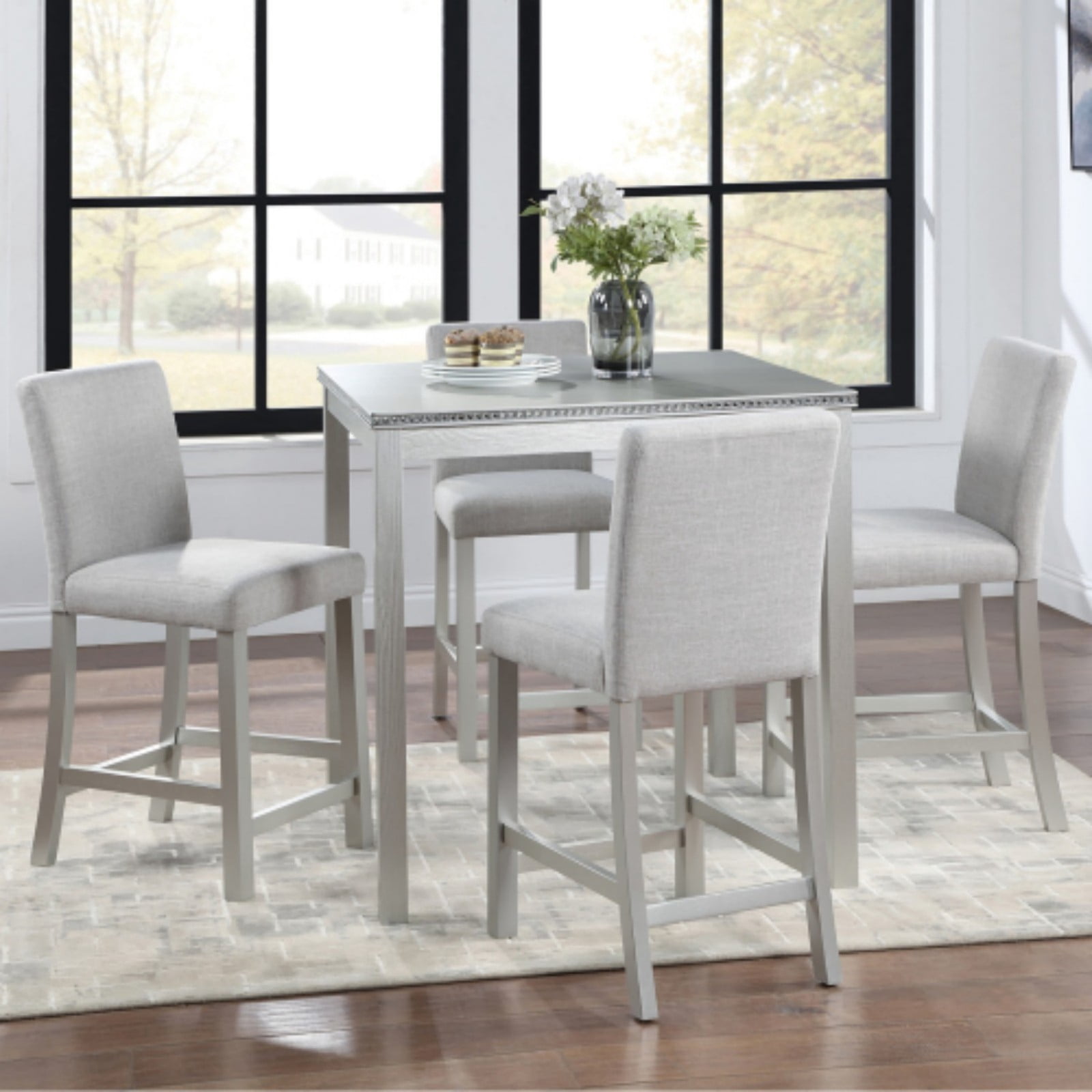 5 Piece Counter Height Dining Table Set, Square Kitchen Table with 4 Upholstered Chairs, Wooden Dining Set with Crystal Decoration for Dining Room, Silver Gray