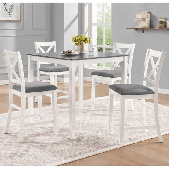 5-Piece Counter Height Dining Table Set for 4, Water Resistant Tabletop with X-Back Chairs, Space Saving Design for Small Kitchen, Grey and White