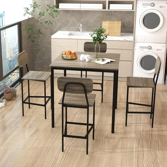 5-Piece Counter Height Dining Table Set with 4 Bar Stools, Modern Kitchen Dinette Furniture with Footrest and Backrest for Pub Restaurant