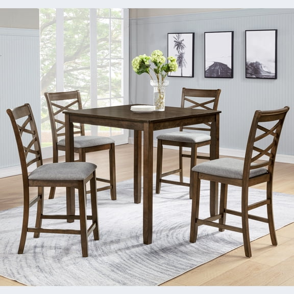 5-Piece Counter Height Dining Table Set with 4 Chairs - Walnut Finish