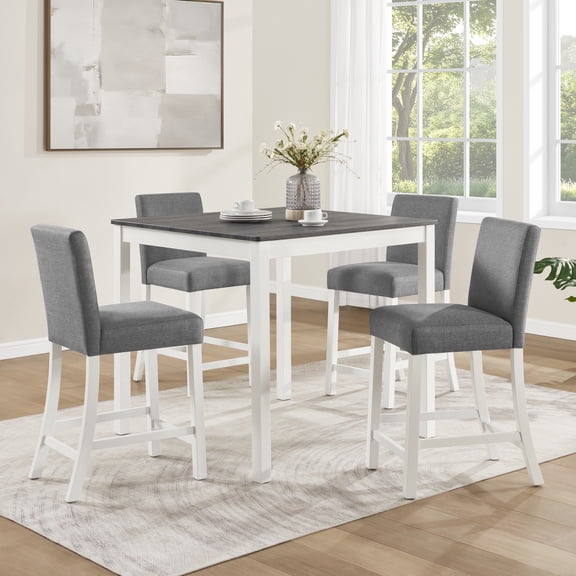 5-Piece Counter Height Table Set with 4 Chairs, Counter Height Table Set for 4 with Chairs, Wooden Counter Height Table Set for Kitchen, Dining Room, Grey & White Two Tone
