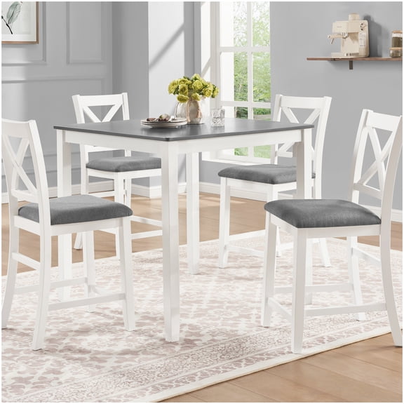 5-Piece Counter Height Table Set, Square Dining Table with 4 Chairs in Grey & White, Wooden Kitchen Set for Breakfast Nook, Apartment, Diner