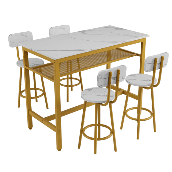 5-Piece Counter Height Table Set: White & Gold MDF/Iron Bar Table with 4 Stools - Space-Saving Pub Dining for Kitchen, Bistro, Small Spaces.