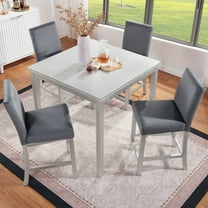 5 Piece Counter Height Table Set, Wooden Kitchen Table Set with Square Table and 4 Upholstered Chairs, Counter Height Dining Table with Crystal Decoration and Chair Set (Gray)