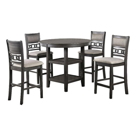 Benjara 5 Piece Counter Height Table with Open Geometric Back Chairs- Gray