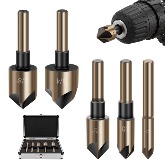 5 Piece Countersink Drill Bit Set, High Speed Steel, Countersink Drill Bit Set, Wide Material Compatibility, for Wood and Metal