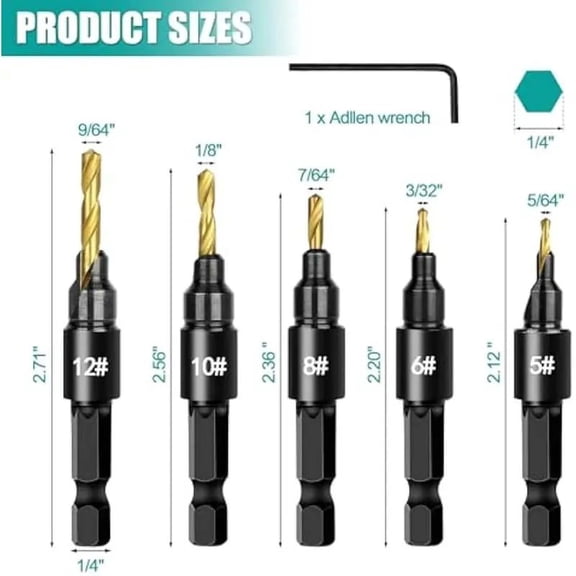 5-Piece Countersink Drill Bit Set with Adjustable Depth, 82° Chamfer, 1/4" Hex Shank, M2 HSS & Carbon Steel, For Wood, Plastic & PVC (Gold)