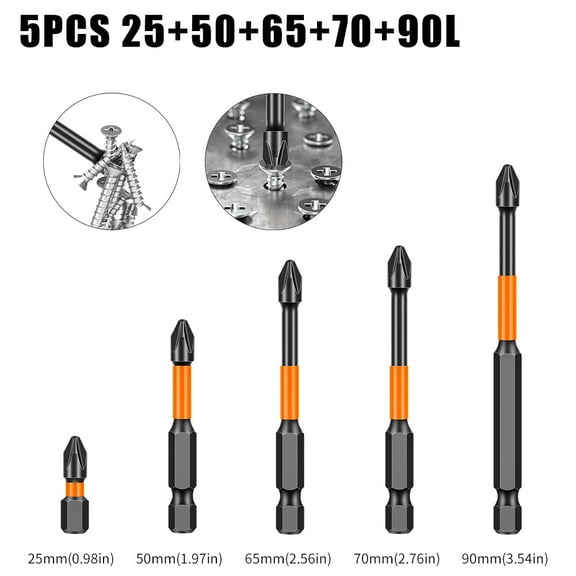 5-Piece Cross Torque Screwdriver Bit Set, High Hardness Steel Non-Slip Drill Bits For Driver, Metal Wood DIY, Black Orange (25-150mm)([25+50+65+70+90L])