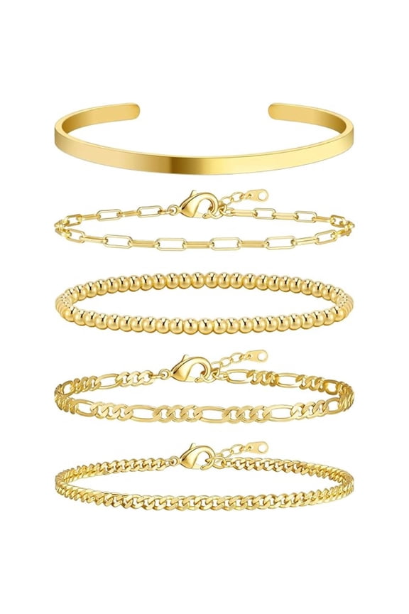 5-Piece Dainty Gold Bracelet Stack Set, 14K Real Gold Plated Adjustable Link Chain, Elegant Everyday Stackable Jewelry Gifts for Women