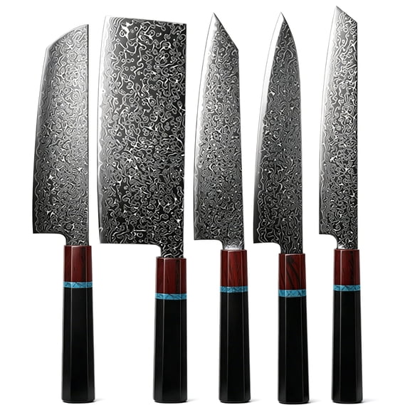 5-Piece Damascus Kitchen Knife Set, Premium Wood Handle Professional Chef Knives, Ultra Sharp High Carbon Steel Cooking Cutlery for Home & Restaurant